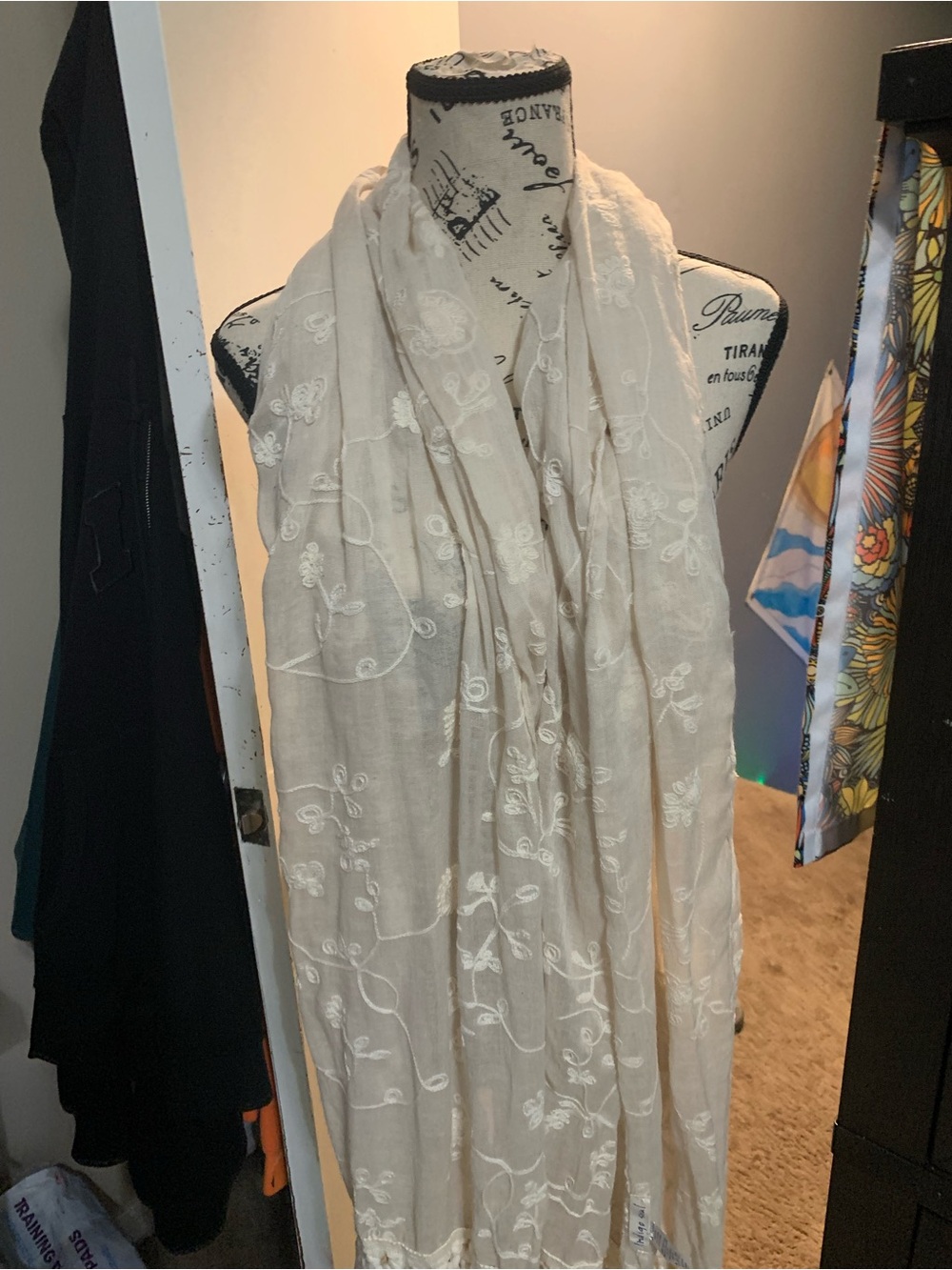 indigo soul Cream Embroidered Floral Scarf Wrap